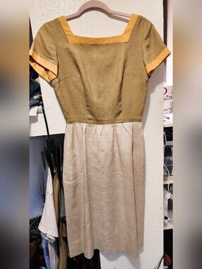 WOMEN'S 50'S/60'S LINEN MIDI DRESS - YELLOW/BEIGE